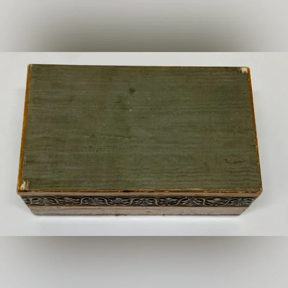 Mid Century Vintage Lion Crest Embosssed Embellished Leather Wood Jewelry Box